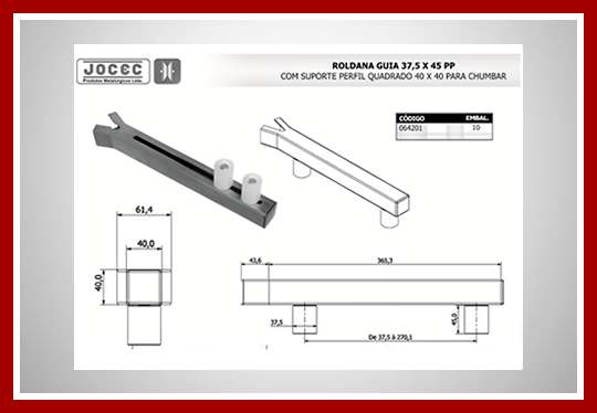 Roldana guia suporte tubo 40mm x 40mm para chumbar